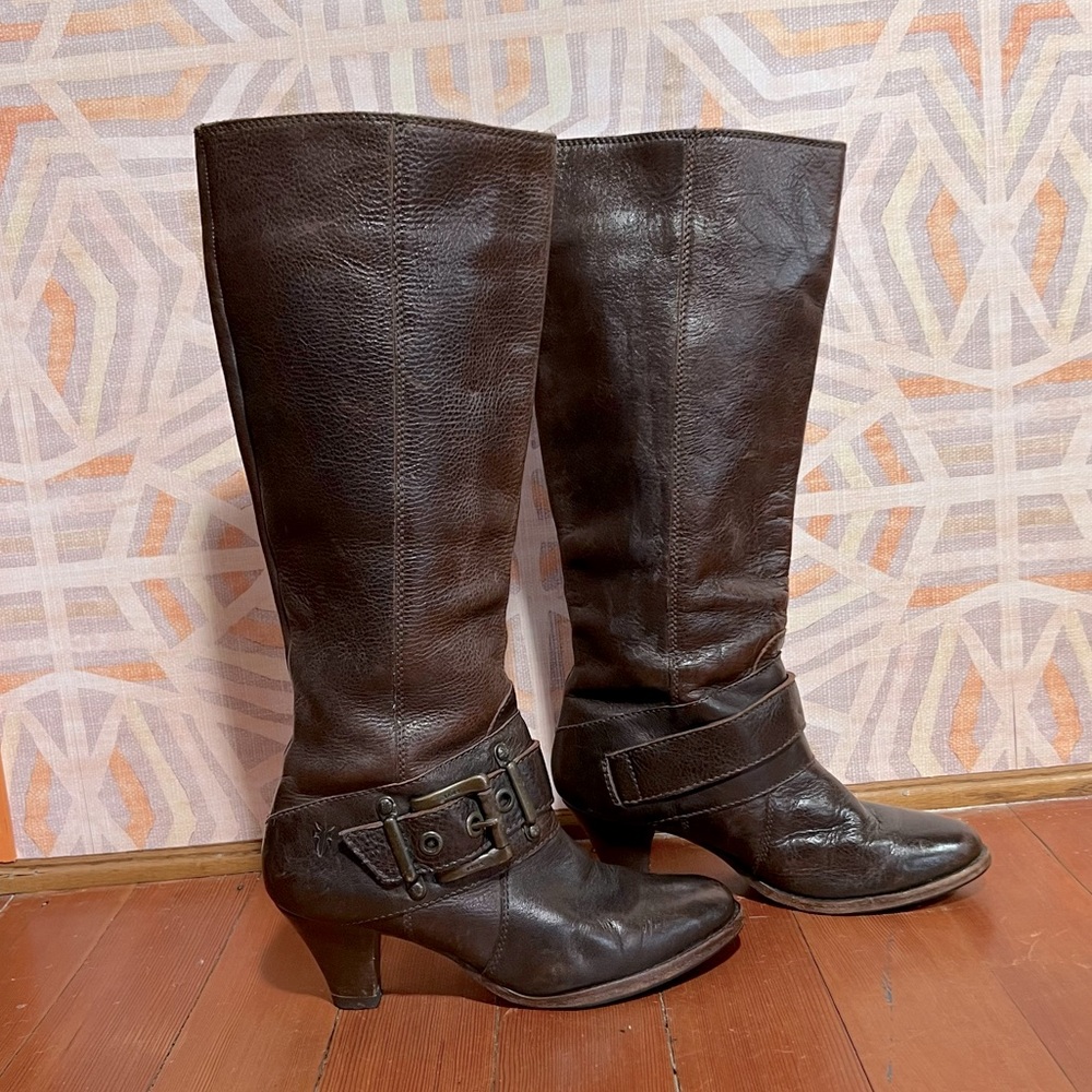Brown Leather Frye Pull On Boots with Buckle Detail- size 7.5
